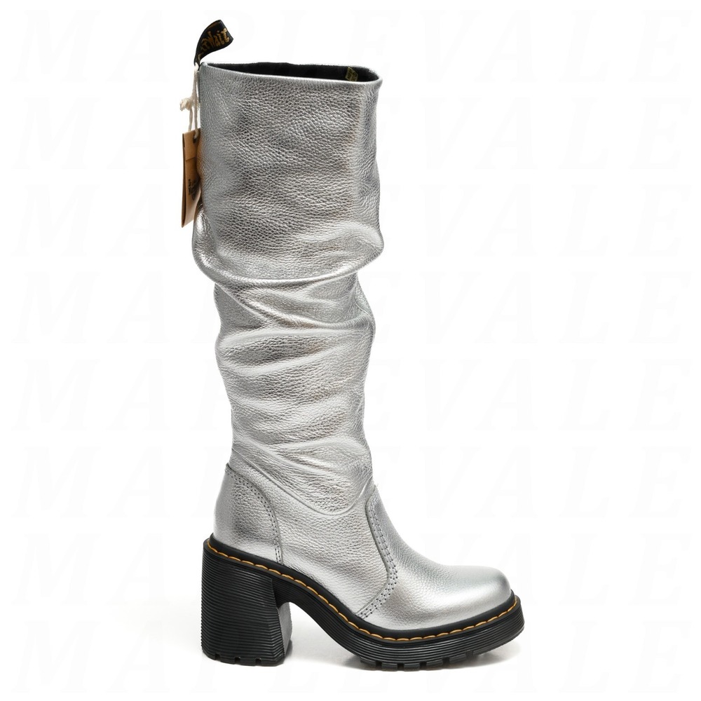 Dr Martens Kasey Metallic Women's Sz 6 - Silver Leather Knee High Ruffled Boots